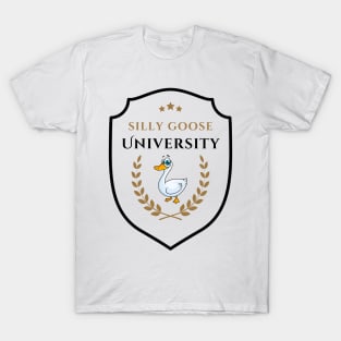 Silly Goose University - Cartoon Goose Emblem With Golden Details T-Shirt